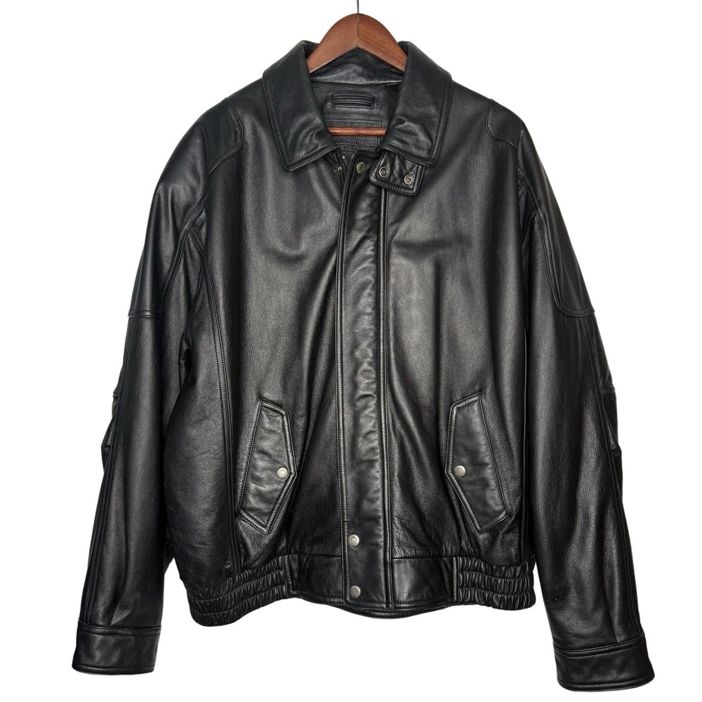 Roundtree & Yorke Mens XL Black Leather Bomber Flight Jacket Coat